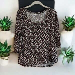 J.Jill Floral SMALL Print 3/4 Sleeve Scoop Neck Knit Top Small Red‎ Black White